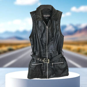 Wilsons Vintage Leather Black/Silver Zip Pockets Longline Vest Dress w Belt Wm M
